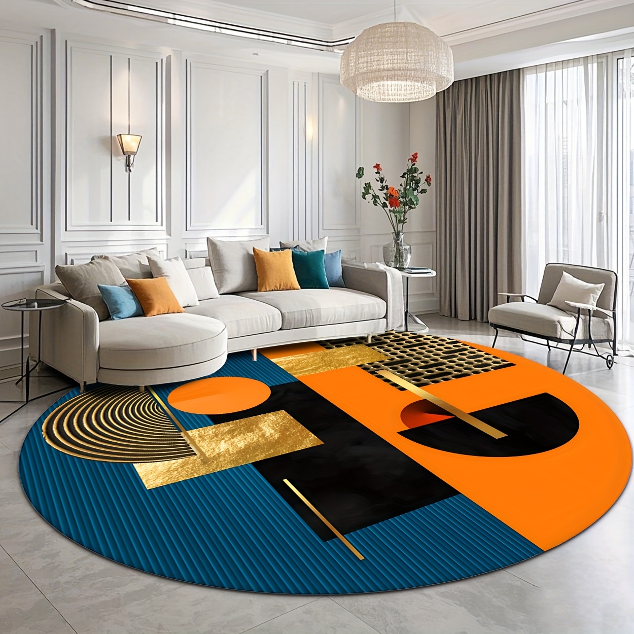 Interior Design Gold - Pomarańczowy Niebieski Złoty Abstrakcyjny Geometryczny Luksusowy